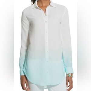 Chico's Soft Dye Carina White Teal Ombre Button Up Blouse